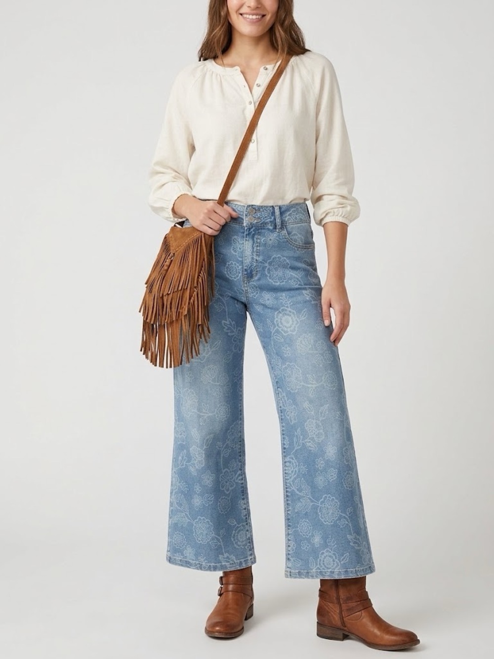 Curve Appeal Boho Floral Printed Wide Leg Jeans High Rise Cropped Denim Size 29
